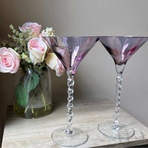 Pair/2 Romanian Blown Glass Amethyst Bowl Barley Twist Stem Tall Martini Glasses